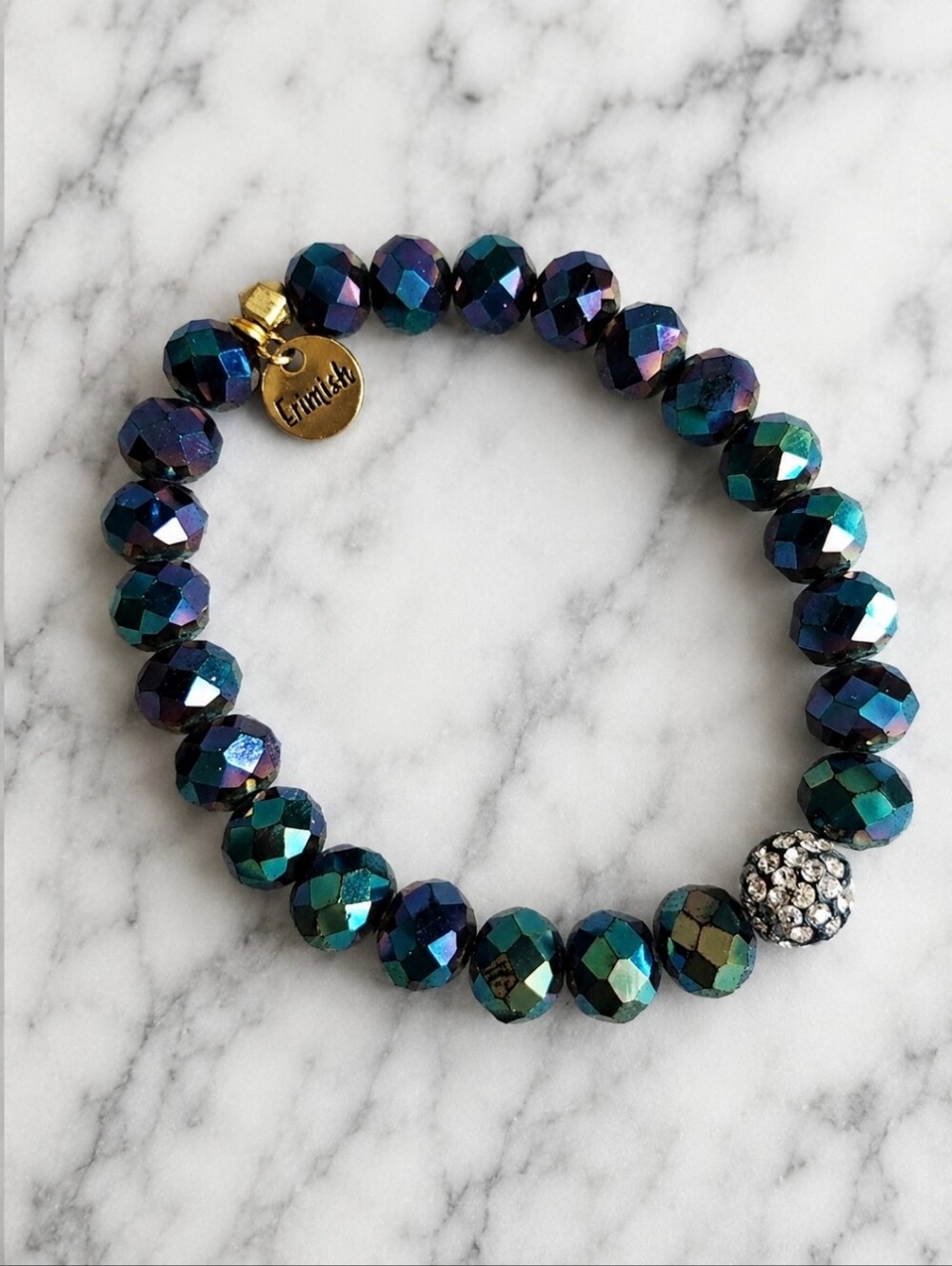 Erimish Blue Green Oil Slick Beaded Stretch Faceted Crystal Rhinestone Bracelet